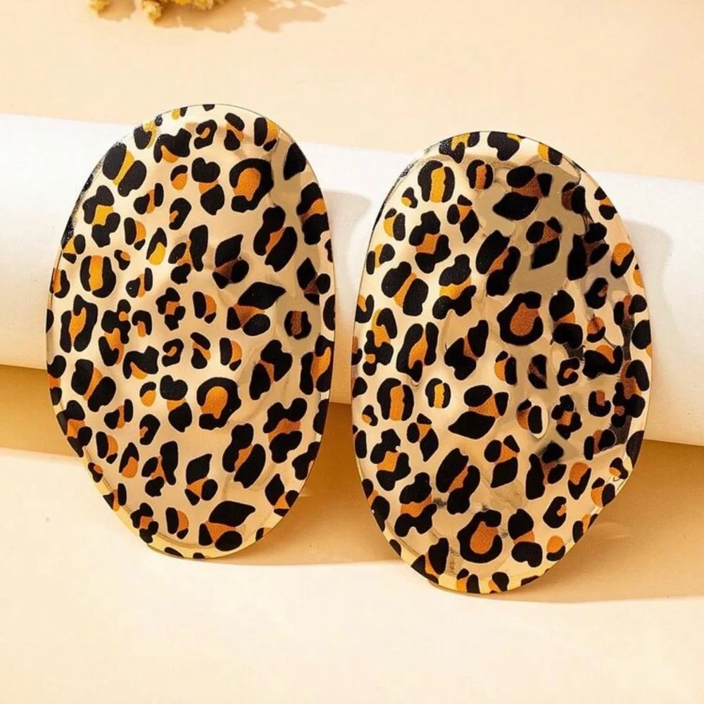 2/$30🌵 Animal Print Cheetah Leopard Jumbo Oval Gold Tone Earrings Boho Gift NEW